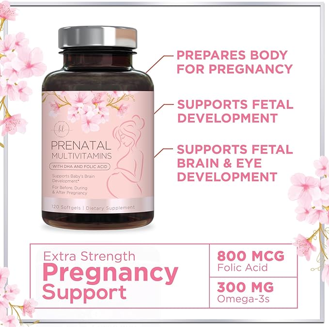 Women's Prenatal Multivitamin with Folic Acid + DHA, Essential Prenatal Vitamins with Folate, Omega 3, Vitamin D3, B6, B12 & Iron, Pregnancy Support Supplement for Mom and Baby - 120 Softgels