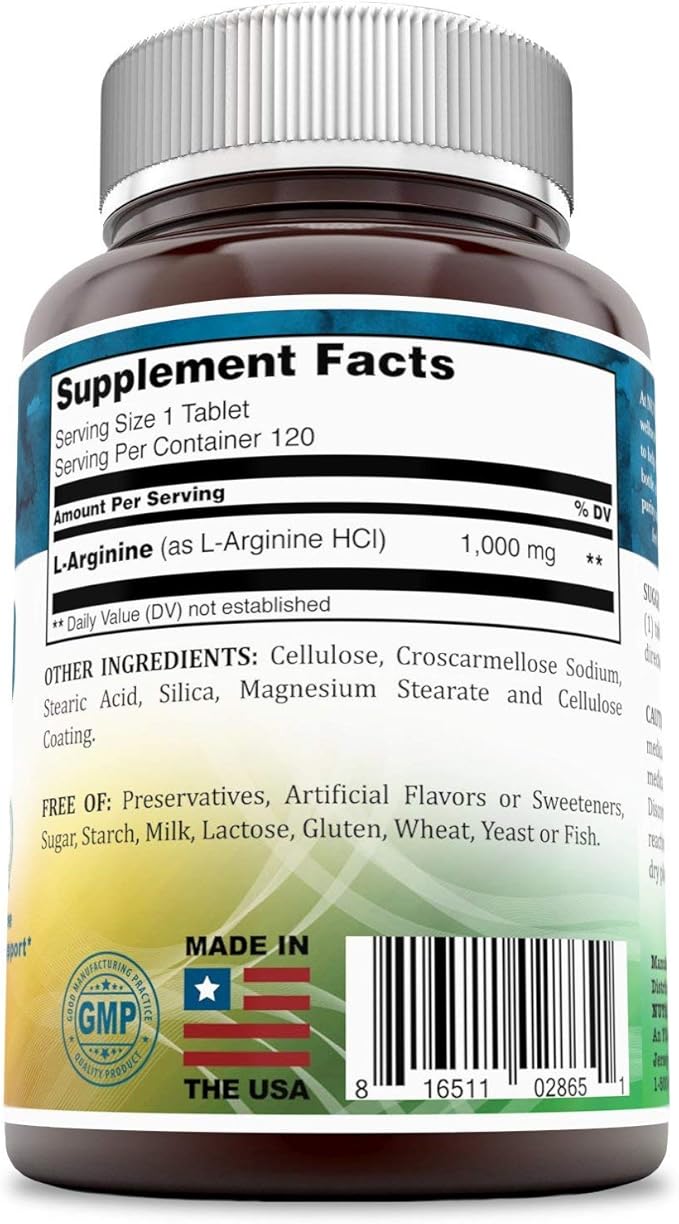 L-Arginine 1000 Mg 120 Tablets Dietary Supplement - Supports Cardiovascular Health - Supports Immune System Functions - Promotes Blood Circulation