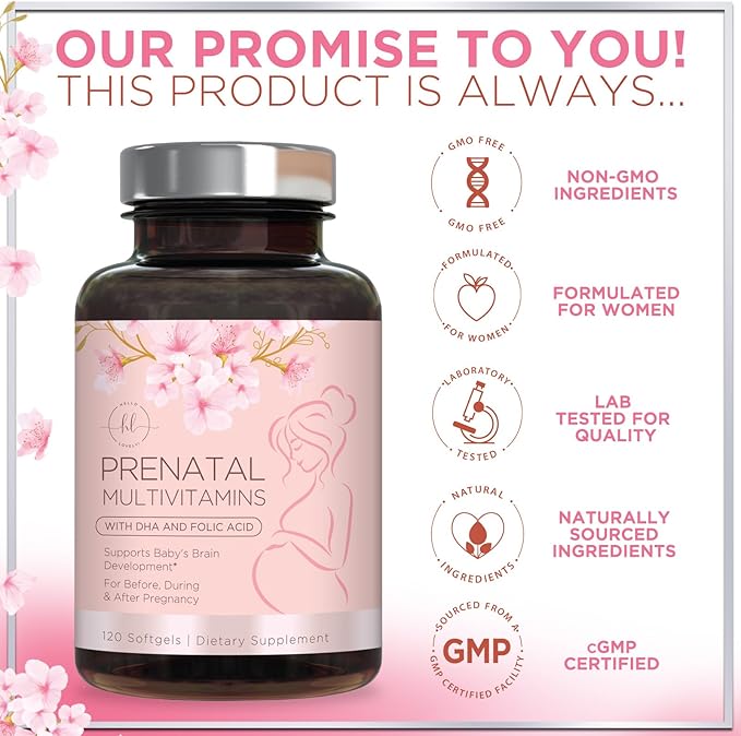 Women's Prenatal Multivitamin with Folic Acid + DHA, Essential Prenatal Vitamins with Folate, Omega 3, Vitamin D3, B6, B12 & Iron, Pregnancy Support Supplement for Mom and Baby - 120 Softgels