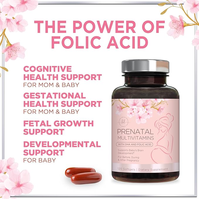 Women's Prenatal Multivitamin with Folic Acid + DHA, Essential Prenatal Vitamins with Folate, Omega 3, Vitamin D3, B6, B12 & Iron, Pregnancy Support Supplement for Mom and Baby - 120 Softgels