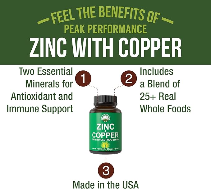 Zinc with Copper + Whole Food Blend of 25 Vegetables and Fruits for Max Absorption. Immune Support Supplement Capsules. Two Essential Minerals for Immunity. Zinc Vitamin Pills for Men and Women.