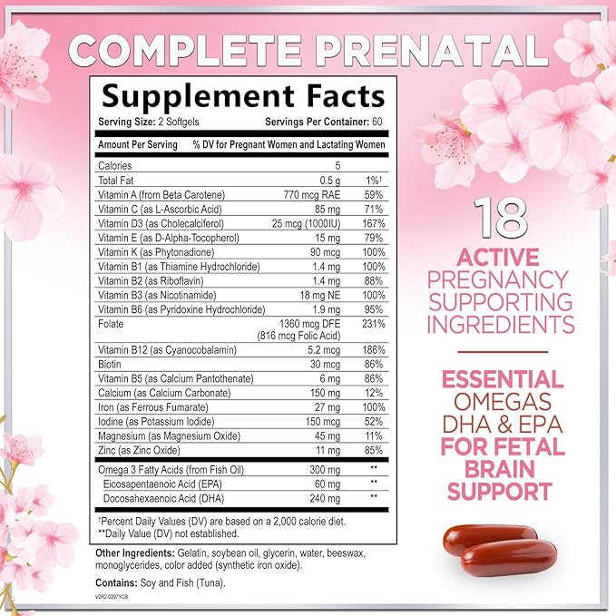 Women's Prenatal Multivitamin with Folic Acid + DHA, Essential Prenatal Vitamins with Folate, Omega 3, Vitamin D3, B6, B12 & Iron, Pregnancy Support Supplement for Mom and Baby - 120 Softgels