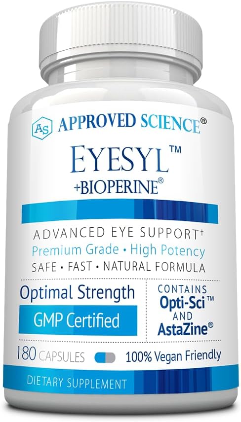 Approved Science EyeSyl - Eye Support Supplement - Chromium Picolinate, Taurine, Lutein, Zeaxanthin, Bilberry, BioPerine - 3 Month Supply - 180 Capsules - Made in USA
