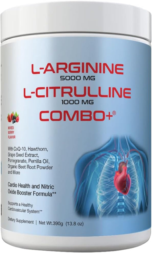 Combo+ L-Arginine 5000mg & L-Citrulline 1000mg Drink Mix, Mixed Berry, Vitamins B12, C, D3, CoQ10, Beet Root, Grape Seed, 30 Servings, 13g per Serving, Premium Wellness Supplement, 390g