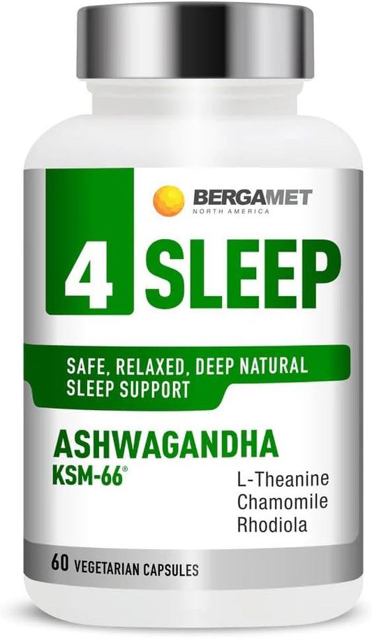 BergaMet 4 Sleep Support Formula with Ashwagandha KSM-66, Rhodiola, Chamomile Extract & L-Theanine – Natural Aid for Restful Nights and Stress Relief with no Melatonin – 60 Capsules