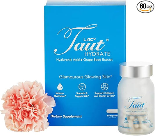 Taut Hydrate Hyaluronic Acid Supplement – 120mg Vegan Capsules with Grape Seed Extract - Deep Skin Hydration, Smooth Wrinkles & Glow Support - Collagen & Anti-Aging Supplement for Women & Men– 60 Caps