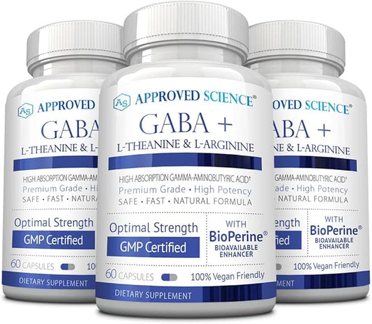 Approved Science GABA+ - Promote Calm, Improve Sleep, Boost Mood - GABA, L-Theanine, L-Arginine, Vitamin B6, BioPerine - High Absorption - 180 Capsules - Vegan