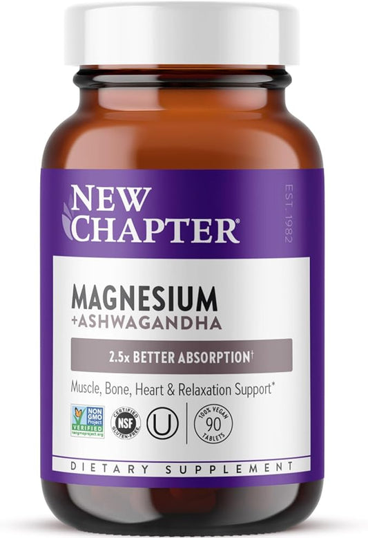 New Chapter Magnesium + Ashwagandha Supplement, 325 mg with Magnesium Glycinate, 2.5x Absorption, Muscle Recovery, Heart & Bone Health, Calm & Relaxation, Gluten Free, Non-GMO - 90 ct (3 Month Supply)