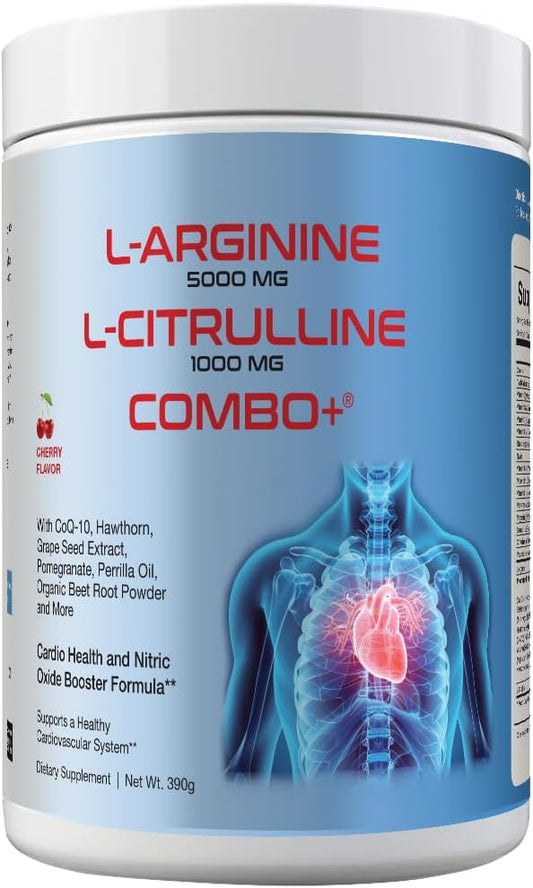 Combo+ L-Arginine 5000mg & L-Citrulline 1000mg Drink Mix, Cherry, Vitamins B12, C, D3, Taurine, CoQ10, Beet Root, 30 Servings, Nitric Oxide and Cardiovascular Support Supplement 390g