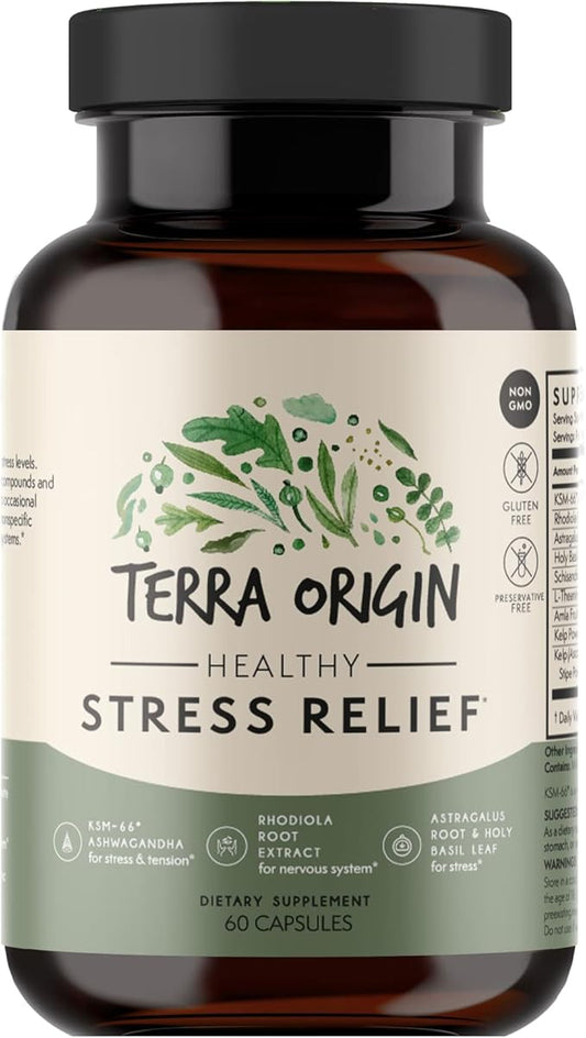 TERRA ORIGIN Healthy Stress Supplement | 60 Capsules | KSM-66 Organic Ashwagandha, L-Theanine, Rhodiola Extract, Astragalus Root and Holy Basil | Stress and Mood Support