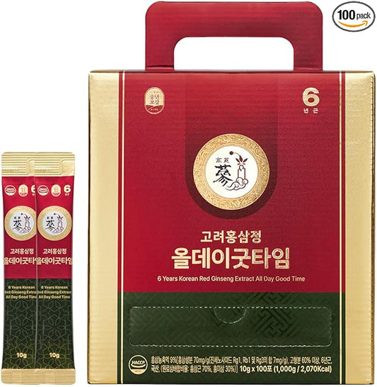 6-Year Korean Red Ginseng Extract Shot, [Allday Goodtime] - 7mg Ginsenosides Per Packet, HACCP Certified, Caffeine Free, Formulated with 12+ Traditional Korean Herbal Ingredients (100 Packets)