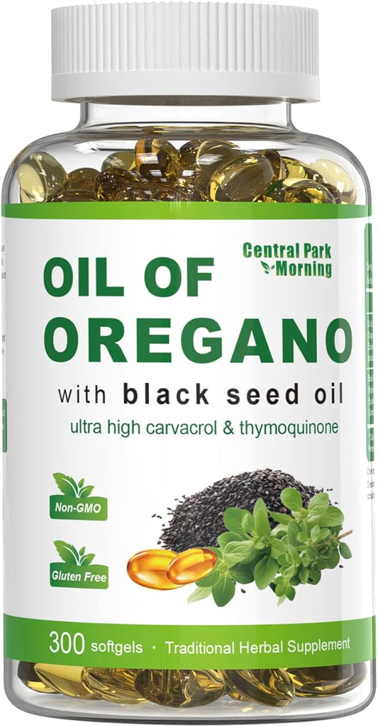 Oil of Oregano 300 Softgels with Black Seed Oil, 2 in 1 Combination with Oregano Oil and Black Seed Oil, Natural Antioxidants, Non-GMO,Gluten Free