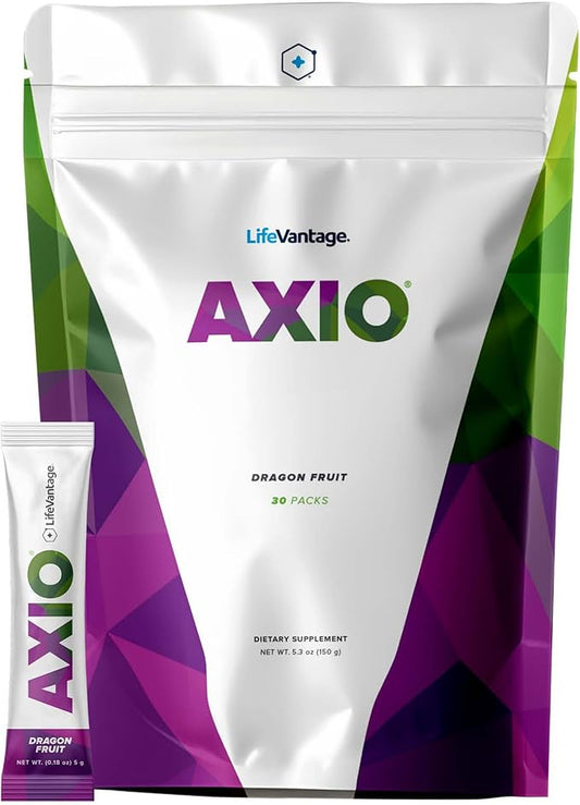 LifeVantage AXIO Regular Energy Drink Powder, Nootropic Supplement, Focus & Mood Support, with L-theanine, Green Tea, B Vitamins, DMAE, Quercetin & Pine Bark, Dragon Fruit, 30 Packets