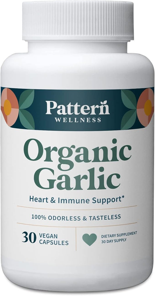 Pattern Wellness Odorless Organic Garlic – 1000mg – Immune, Circulatory & Heart Health Support – Non-GMO & Gluten Free – 30 Vegan Capsules