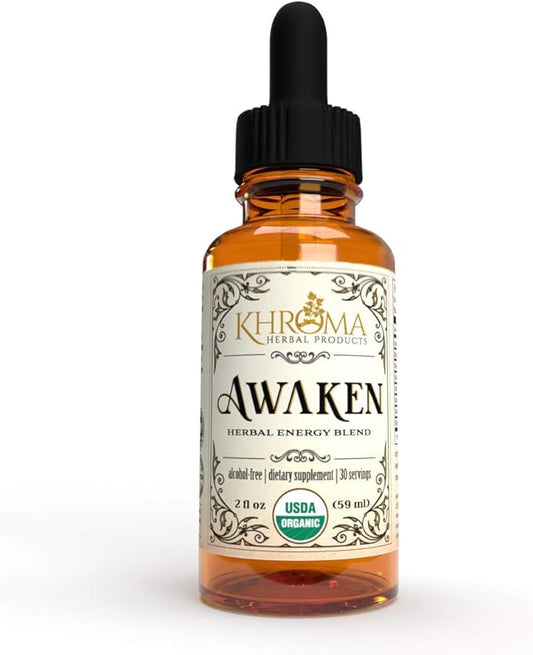 Awaken - Organic Energy Supplement - 2 oz Liquid in a Glass Bottle - Yerba Mate, Eleuthro Root, Red Ginseng, Peppermint, Ginkgo Blob, Ashwaganhda, Guayusa - by Khroma Herbs