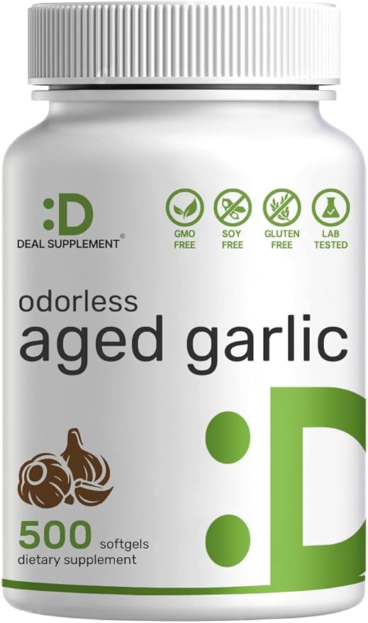 Odorless Aged Garlic Pills, 6,000mg Per Serving, 500 Softgels – 24:1 Garlic Oil Extract – Fresh Allium Sativum Bulb Source – Heart & Immune Antioxidant Supplements – Non-GMO