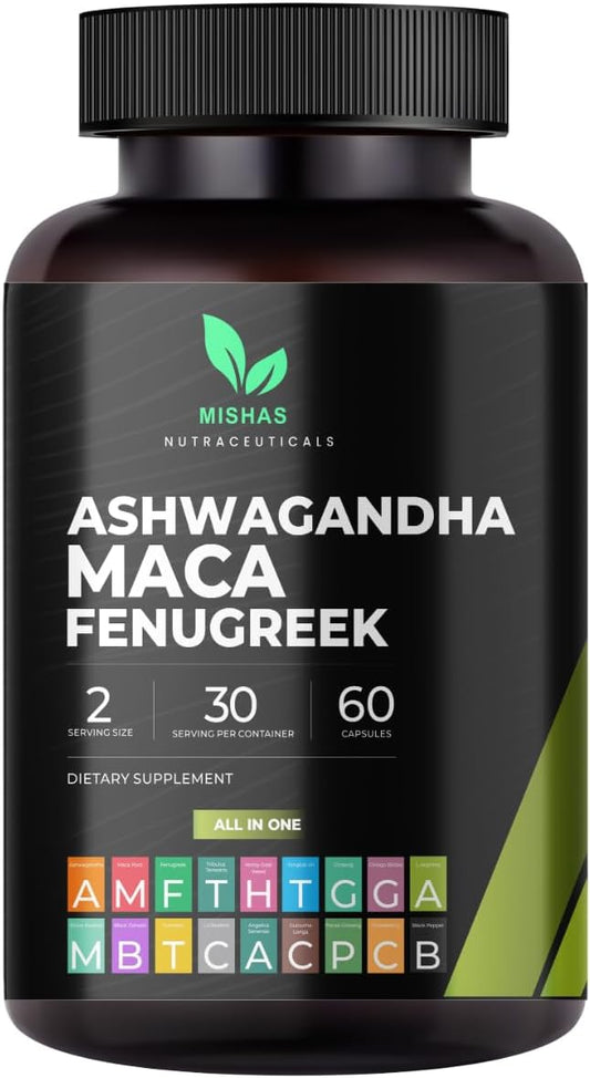 Mishas Nutraceuticals Ashwagandha, Maca Root, Fenugreek Supplement with Ginseng – Supports Stress Relief, Mood Balance & Thyroid Health – 60 Capsules