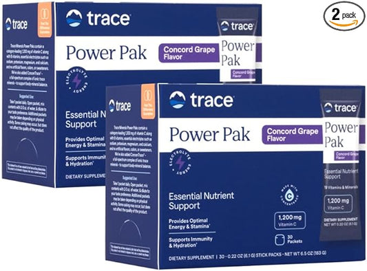 Trace Minerals Power Pak Multivitamin and multimineral Packets - Electrolyte Support - 1200 mg Vitamin C Plus 70+ Trace Minerals - Concord Grape Flavor - 60 Packets