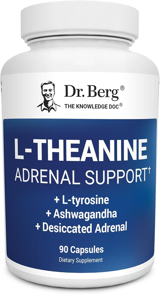 Dr. Berg L-Theanine 200mg - Includes Zinc, Copper, L-Tyrosine, & Ashwagandha – L-Theanine Supplement Adrenal Support - for Relaxation, Stress Relief, and Mental Clarity* – 90 Gelatin Capsules