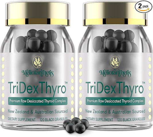 Thyroid Supplement – TriDexThyro™ Raw Desiccated Thyroid Complex 375 mg with Bovine, Porcine & Ovine –120 Capsules for Women and Men（2 Pack）