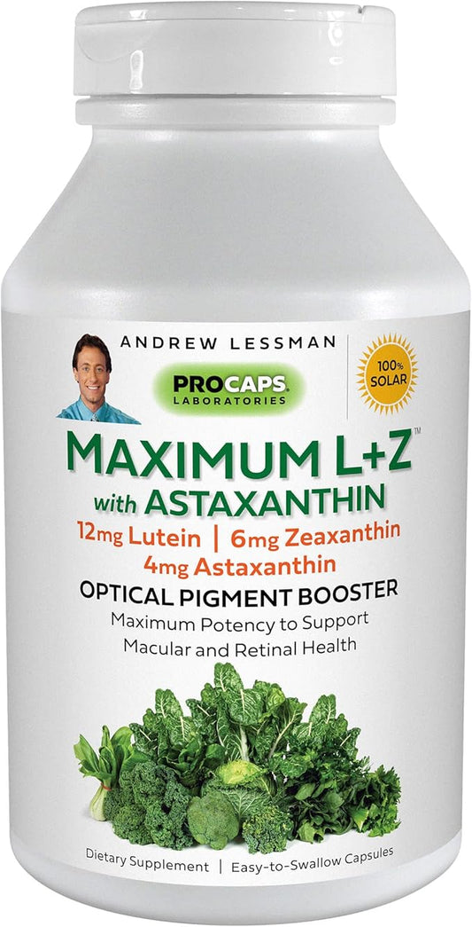 ANDREW LESSMAN Maximum L+Z with Astaxanthin 240 Softgels - 12mg Lutein, 6mg Zeaxanthin, 4mg Astaxanthin. Key Nutrients to Support Eye and Brain Health, and Promote Healthy Vision.