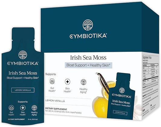 CYMBIOTIKA Irish Sea Moss Supplement, Organic Wildcrafted Sea Moss with Aloe Vera, Fulvic Minerals, Postbiotics, Gut, Immune, Skin Support, Liquid Travel Packet, 26 Servings (Single Pack)