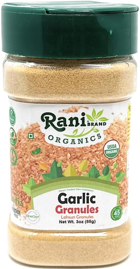 Rani Organic Granulated Garlic (Coarse Ground Garlic) 3oz (85g) PET Jar ~ All Natural | Gluten Friendly | Vegan | NON-GMO | Kosher | No Salt or fillers | Product of USA | USDA Certified Organic