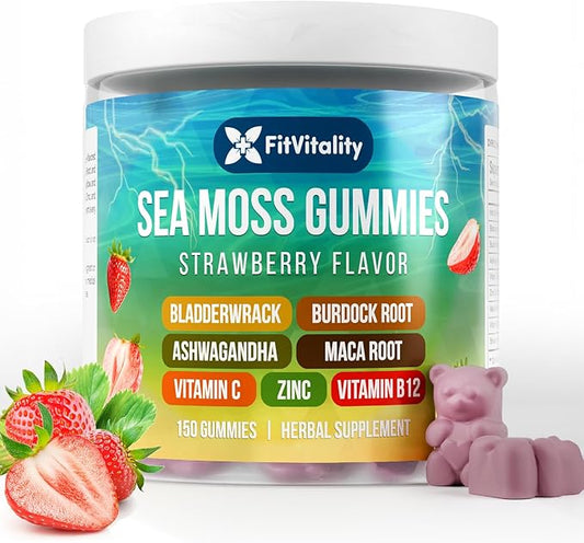 Sea Moss Gummies | 150 Strawberry Flavor Vegan Gummies | Extra Rich 9-in-1 Formulation with Irish Sea Moss, Elderberry, Bladderwrack, Burdock, Ashwagandha, Maca, Zinc, B12 | Energy & Immune Support