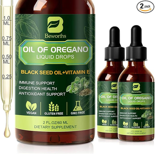 B BEWOTHS 2PACK Oregano Oil Drops, Oil of Oregano with Black Seed Oil, Vitamin E, Carvacrol Oregano Liquid Herbal Blend for Immune, Antioxidant, Digestive Gut Cleanser, Kidney Health Support - 4 Fl Oz