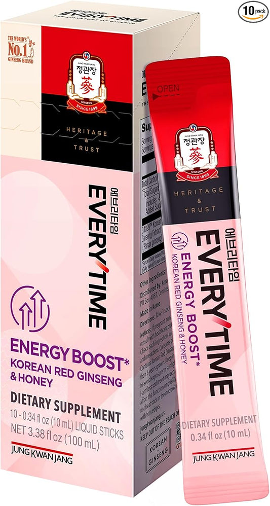Everytime Energy Boost Korean Red Ginseng Extract 1,000mg & Honey - Vegan Ginseng Energy Drink Liquid Stick Supplements - Builds Stamina & Immunity No Caffeine (10 Sticks, 0.34 fl oz)