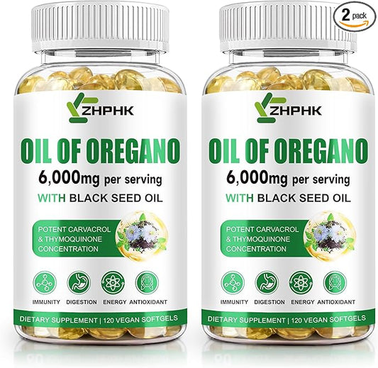 Oregano Oil Capsules Organic, 6000mg Oil of Oregano with Black Seed Oil Supplement Oregano Oil Extract Antioxidant, Immune & Digestive Support, Non-GMO, Gluten Free, 240 Count