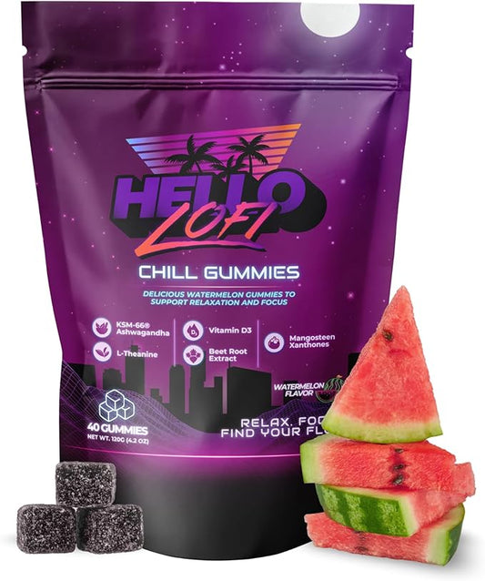 Chill Gummies, Relaxation and Focus Supplement with L Theanine and Ashwagandha, Defense System Support with Mangosteen and Vitamin D, Gluten Free, Vegan, Watermelon Flavor, 40 Count