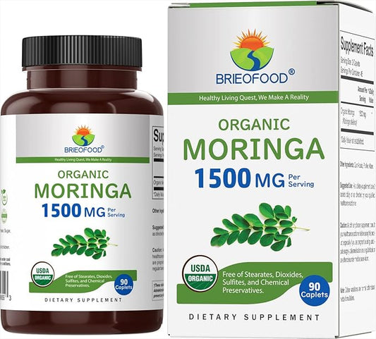 Brieofood Organic Moringa 1500mg, 45 Servings, Vegetarian, Gluten Free, 90 Vegetarian Tablets