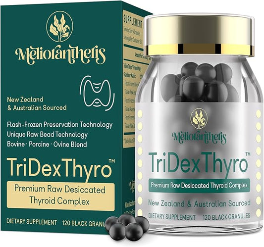 Thyroid Supplement – TriDexThyro™ Raw Desiccated Thyroid Complex 375 mg with Bovine, Porcine & Ovine –120 Capsules for Women and Men（1 Pack）