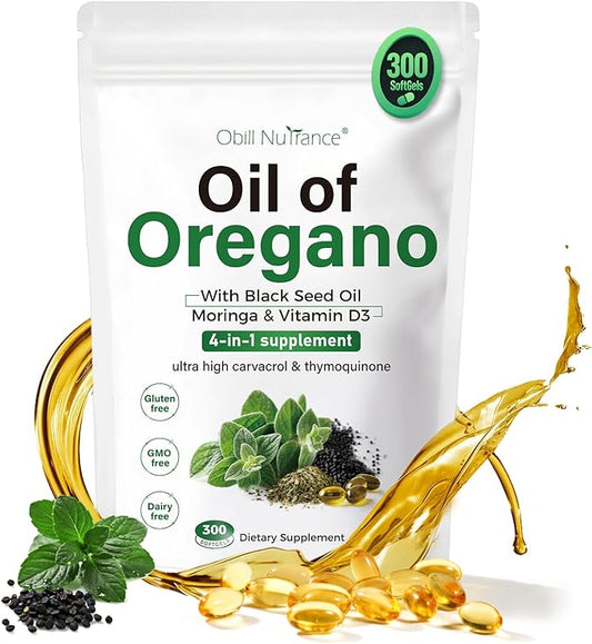 Oil of Oregano Capsules, 4-in-1 Organic Oil of Oregano with Black Seed Oil, Moringa & Vitamin D3 Softgels for Immune Support, Carvacrol & Thymoquinone, Non-GMO, 300 Softgels- 150 Days Supply