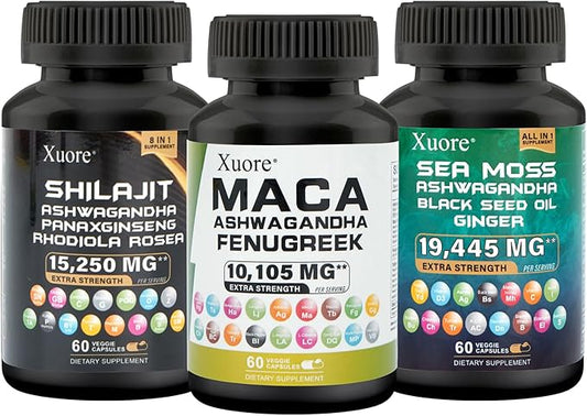 Bundle of Sea Moss,Shilajit,Maca, Black Seed Oil, Ashwagandha, Ginger, Shilajit, Rhodiola Rosea, Panax Ginseng, Maca Root, Fenugreek, Trifibranol100X,All in 1 Supplements (1 Pack)