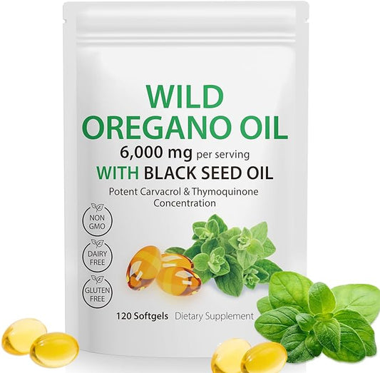 Oil of Oregano Softgels, 120 Count Oregano Oil Capsules Organic, Non-GMO, Gluten Free, 2-in-1 6000mg Oil of Oregano with Black Seed Oil 200mg, Supplement Natural Antioxidants