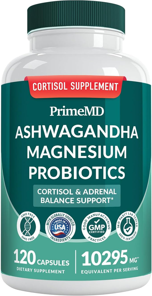 5-in-1 Cortisol Supplement for Women and Men with Ashwagandha for Calmness, Focus, and Adrenal Support Supplements with Shilajit Extract, Magnesium Glycinate, Probiotics (120 ct) (Pack of 1)
