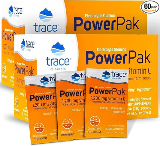 Trace Minerals | Power Pak Electrolyte Powder Packets | 1200 mg Vitamin C, Zinc, Magnesium | Boost Immunity, Hydration and Natural Energy | Orange Blast | 60 Packets