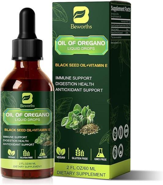 B BEWOTHS Oregano Oil Drops, Oil of Oregano with Black Seed Oil, Vitamin E, 80% Carvacrol & Thymoquinone Oregano Liquid Herbal Blend for Immune, Antioxidant, Digestive Gut Cleanser Support - Vegan