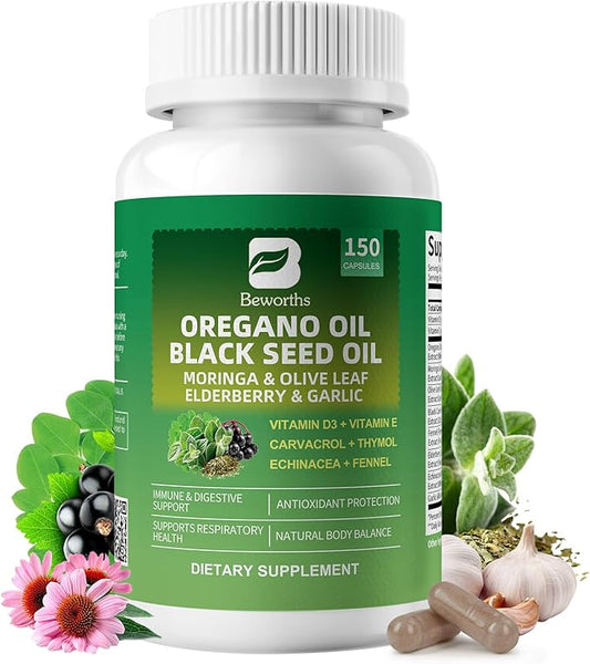 Oregano Oil Capsules with Black Seed Oil - Oil of Oregano Capsules with Moringa, Elderberry, Echinacea, Garlic, Fennel- High Potency Carvacrol for Immune, Digestive & Antioxidant Support