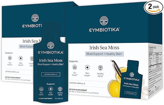 CYMBIOTIKA Irish Sea Moss Supplement, Organic Wildcrafted Sea Moss with Aloe Vera, Fulvic Minerals, Postbiotics, Gut, Immune, Skin Support, On The go Packet, 52 Servings, 2 Month Supply