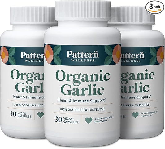 Pattern Wellness Odorless Organic Garlic – 1000mg – Immune, Circulatory & Heart Health Support – Non-GMO & Gluten Free – 90 Vegan Capsules