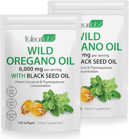 Oil of Oregano Capsules - 2 in 1 6000mg Oil of Oregano with Black Seed Oil 200mg - Oregano Oil Supplement Capsules - Digestive Support & Antioxidant, Non-GMO Digestive Support (2 Pack)