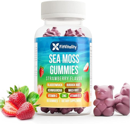 Sea Moss Gummies | 60 Strawberry Flavor Vegan Gummies | Extra Rich 9-in-1 Formulation with Irish Sea Moss, Elderberry, Bladderwrack, Burdock, Ashwagandha, Maca, Zinc, B12 | Daily Energy