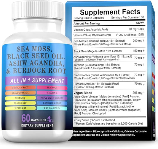 Sea Moss Black Seed Oil Ashwagandha Turmeric Bladderwrack Burdock, Elderberry Manuka Dandelion, Burdock Root Turmeric Vitamin D3 Chlorophyll - 60 Capsules