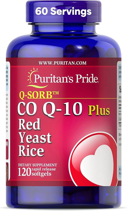 Puritan's Pride Q-Sorb™ Coenzyme CoQ10 Dietary Supplement for Heart Health, Blood Pressure, Oral Gum Health, and Healthy Aging Support, Plus Red Yeast Rice, 120 Rapid Release Softgels