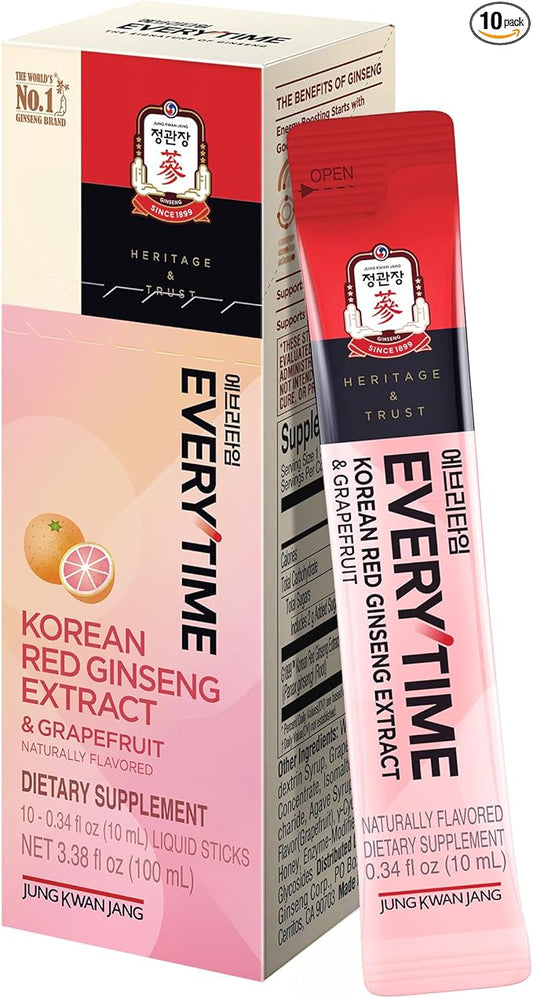Everytime Korean Red Ginseng Extract 1,000mg & Grapefruit - Vegan Ginseng Root Energy Drink Liquid Stick Supplements - Builds Stamina & Immunity, No Caffeine (10 Sticks, 0.34 fl oz)