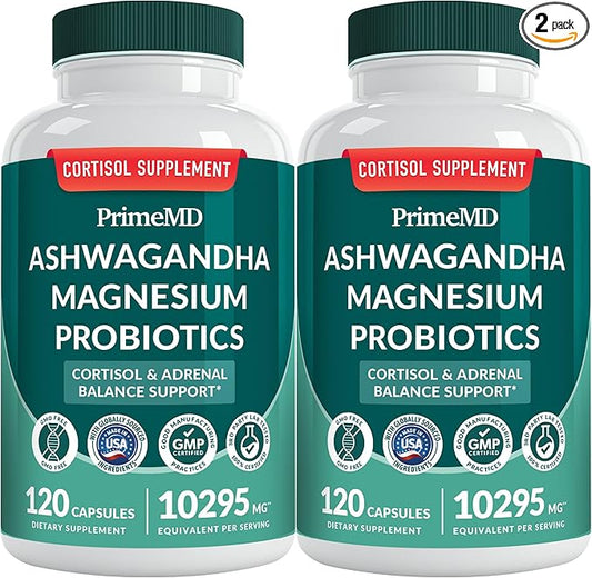 5-in-1 Cortisol Supplement for Women and Men with Ashwagandha for Calmness, Focus, and Adrenal Support Supplements with Shilajit Extract, Magnesium Glycinate, Probiotics (120 ct) (Pack of 2)
