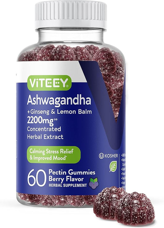 Viteey Ashwagandha Gummies with Ginseng & Lemon Balm - Mood, Calm & Stress Support Ashwagandha Supplements - Vegan, Gluten-Free - 60 Count